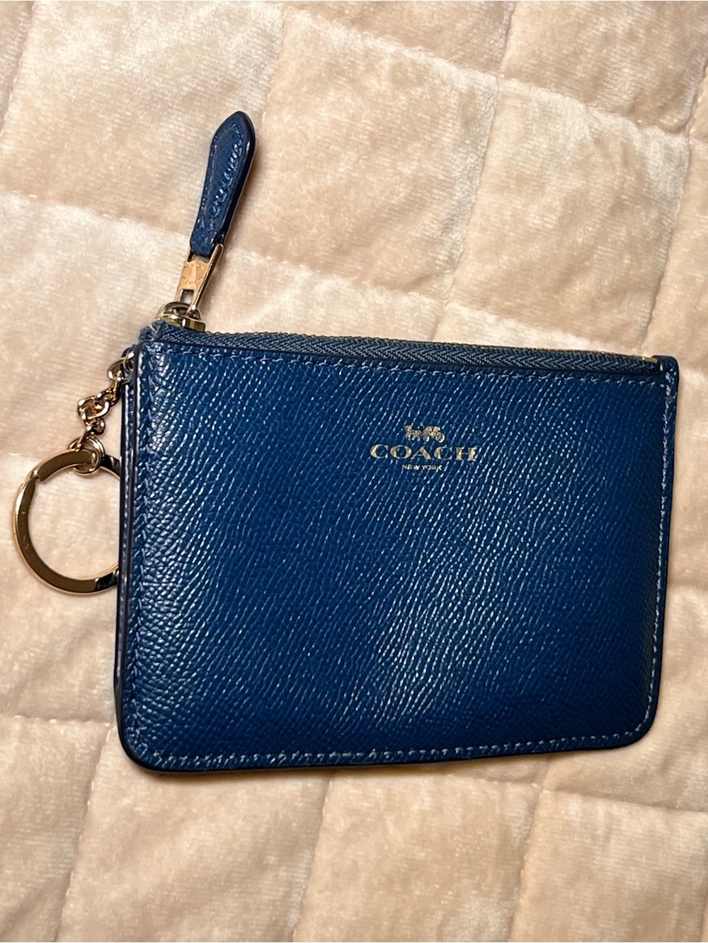 Coach Navy Blue Leather Zip Card Case with Key Ring